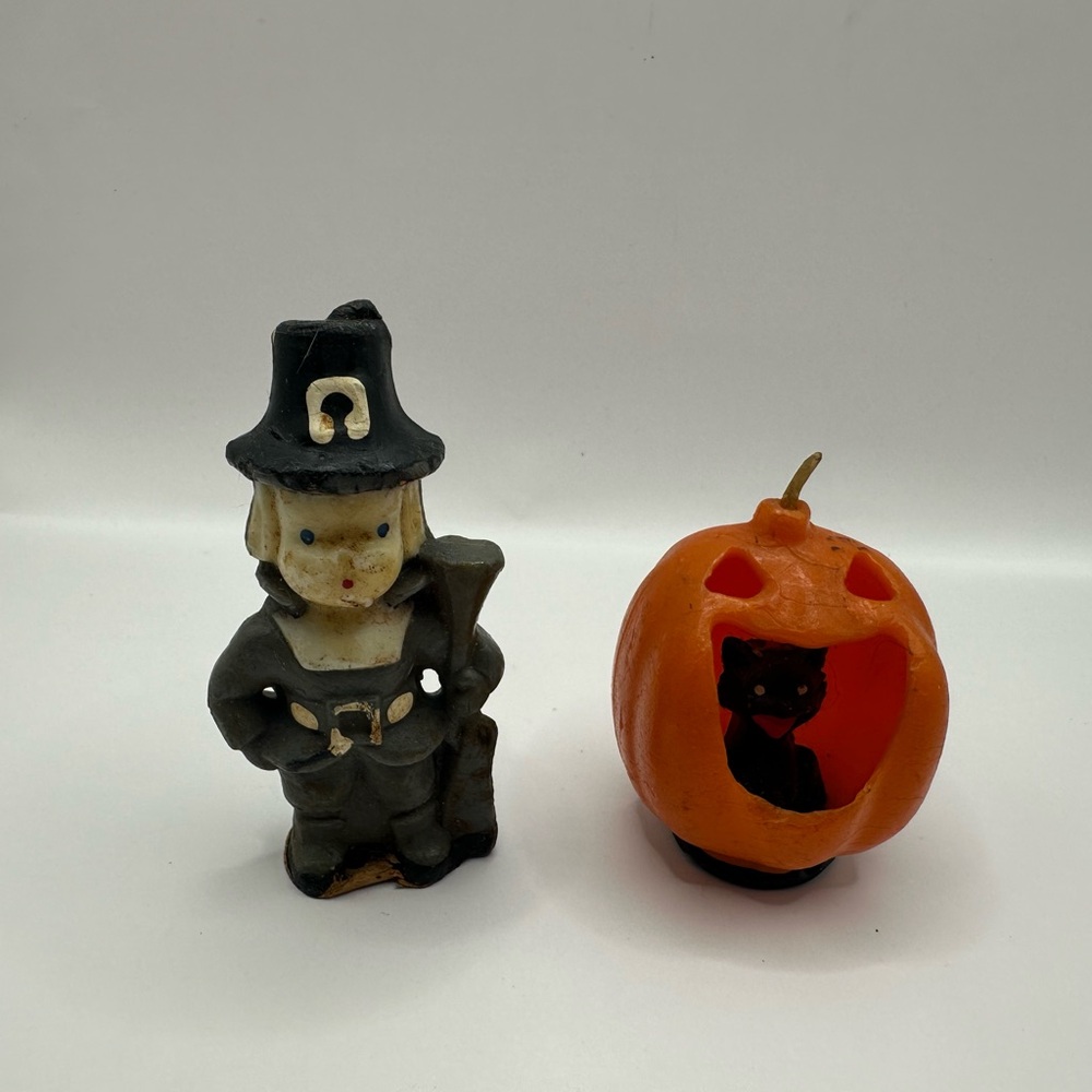Vintage Gurley candles-pilgrim and black cat jack o lantern